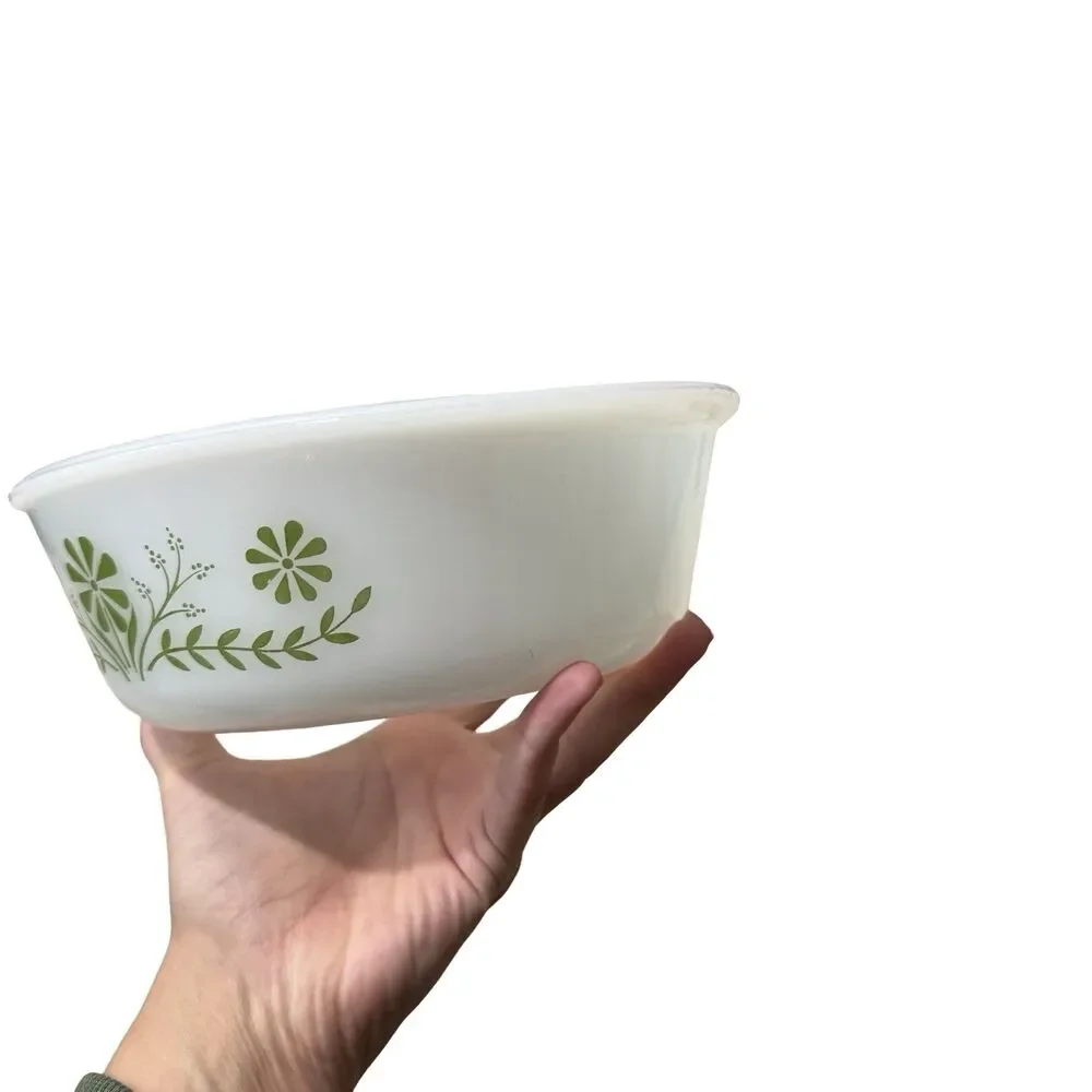 VTG Mid Century‎ GLASBAKE GREEN DAISY 1.5 Quart Casserole Dish J-2600